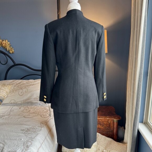 Vintage 90s 100% Wool Black Skirt Suit w Gold Buttons - Picture 4 of 16